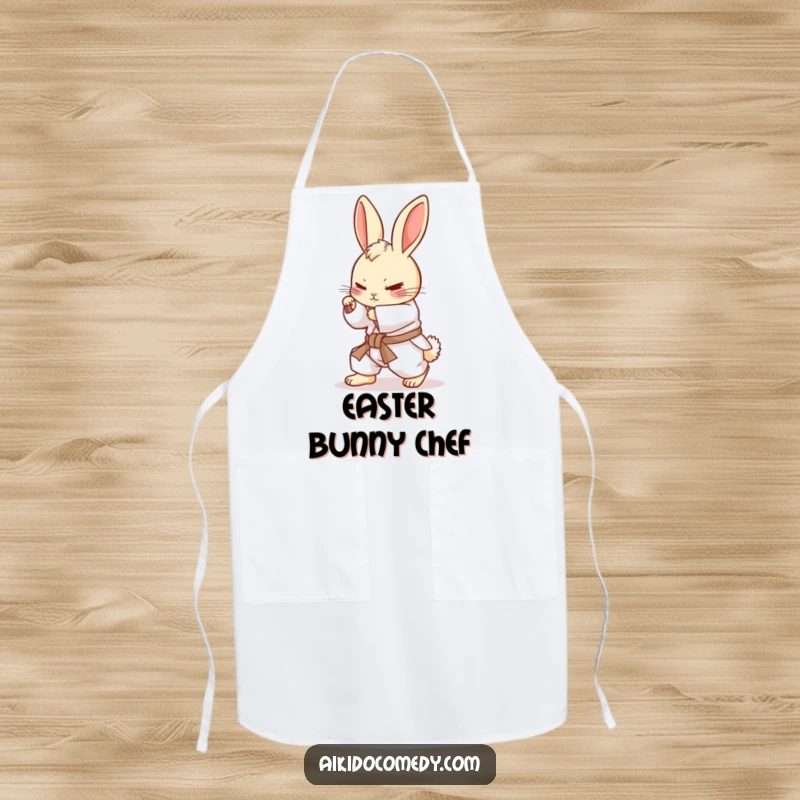 Funny bunny in white gi practicing a rolling motion on a cooking apron. Hilarious and practical funny gift.