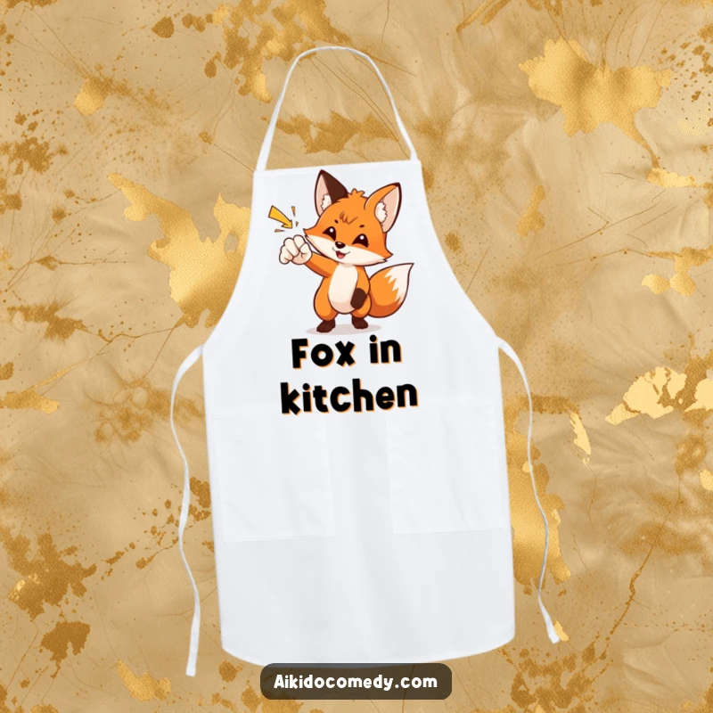 Funny fox gracefully deflecting a punch on a cooking apron. A practical and funny gift.