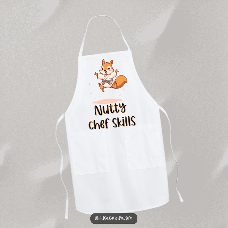 Funny squirrel in gi leaping over an imaginary opponent on a cooking apron. Hilarious and practical funny gift.