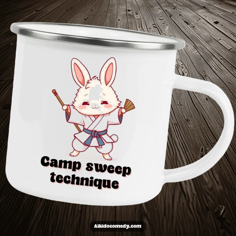 Funny camping mug showing a fluffy bunny in a gi playfully attempting an Aikido sweeping technique, ideal for outdoor use.