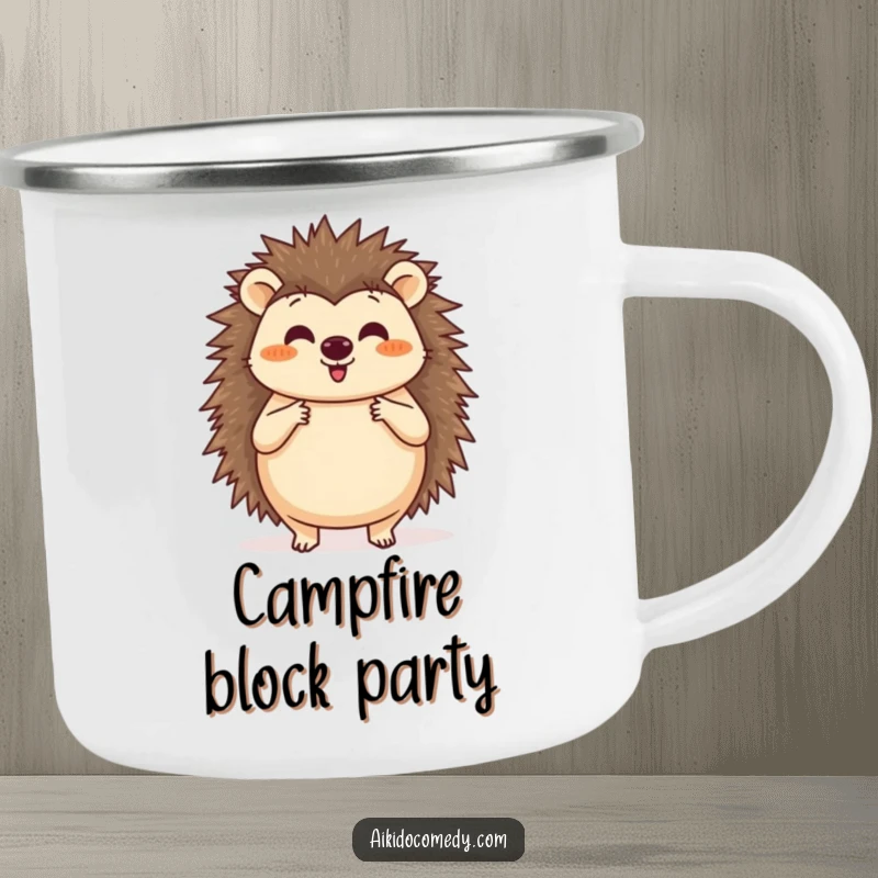Funny camping mug showing a happy hedgehog practicing a circular blocking motion with its paws, ideal for outdoor use.