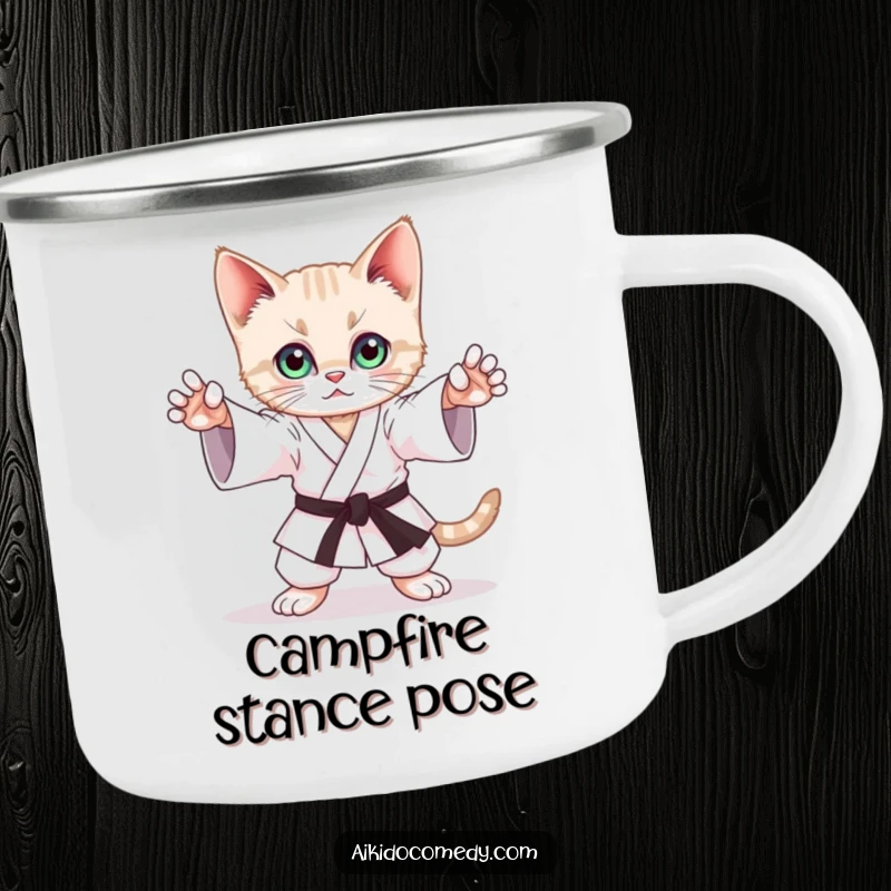 Funny camping mug showing a playful kitten mimicking a graceful Aikido stance with focused eyes, suitable for outdoor use.