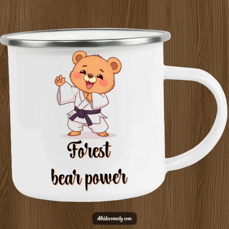 Funny bear cub in gi doing Aikido on a metal camping mug. An adventurous and funny gift.