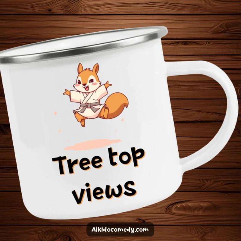 Funny squirrel in gi leaping on a metal camping mug. Outdoorsy and funny gift.