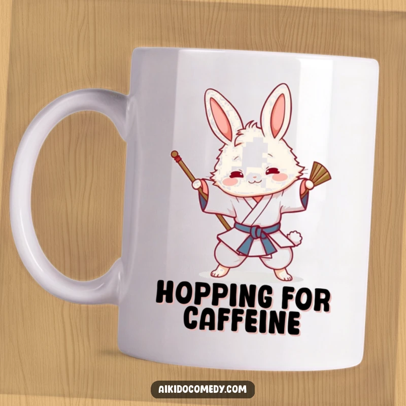 Funny mug with a fluffy bunny in a gi playfully attempting a sweeping technique with energetic focus and a happy expression.