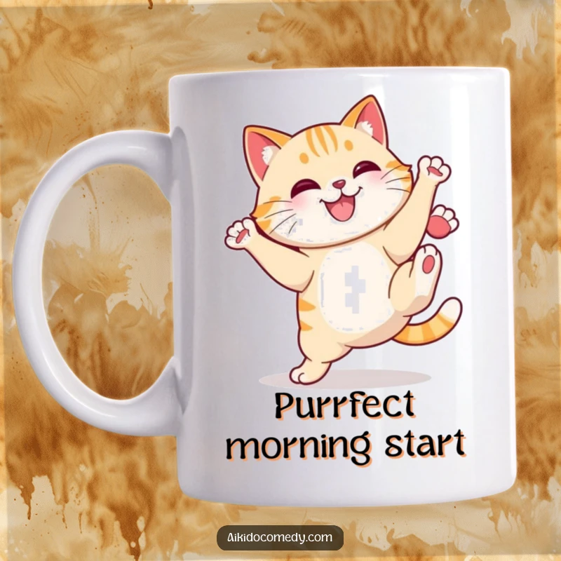 Funny cheerful cat doing a high kick with a determined smile on a mug. Hilarious cat lover gift.
