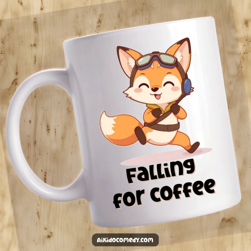 Funny mug showing a curious fox in training gear doing a gentle practice fall with a determined yet relaxed expression.