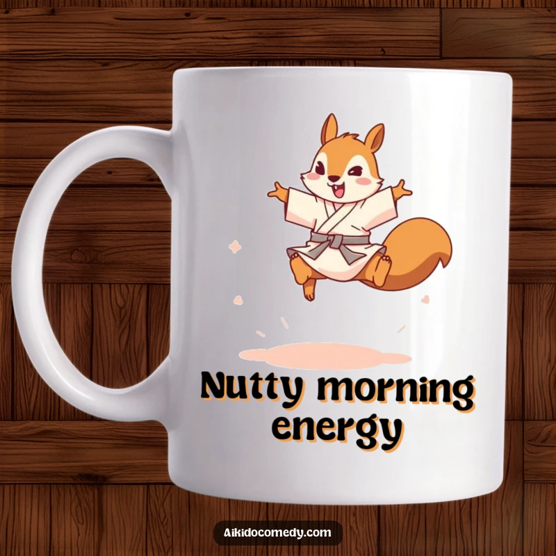 Funny playful squirrel in gi leaping over an imaginary opponent on a mug. Adorable martial arts humor.