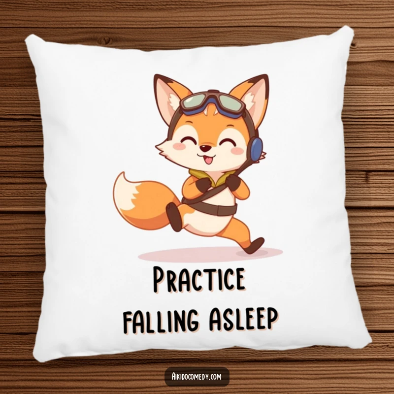 Funny pillow with a curious fox in training gear doing a gentle practice fall, offering comfort and a humorous design.