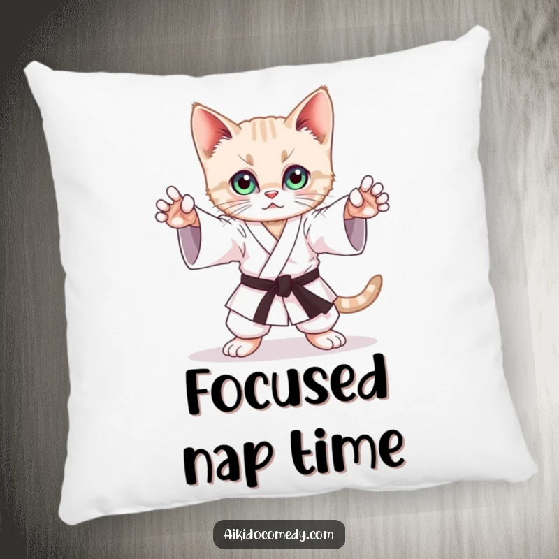Funny pillow with a playful kitten mimicking a graceful Aikido stance with focused eyes, offering comfort and charm.