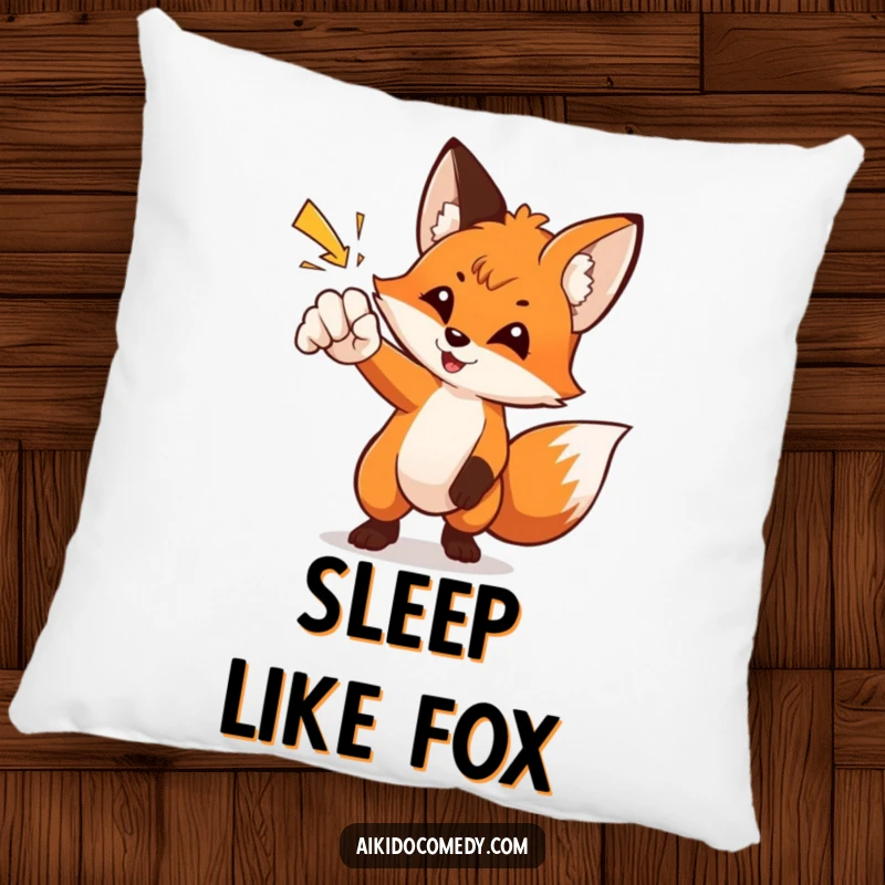 Funny fox in a martial arts pose, deflecting a punch on a pillow. Soft and humorous funny gift.