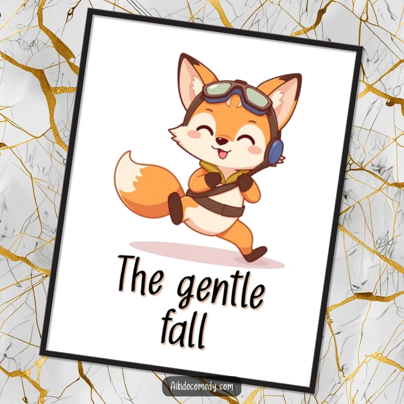 Funny digital art print of a curious fox in training gear doing a gentle practice fall, ready for framing.