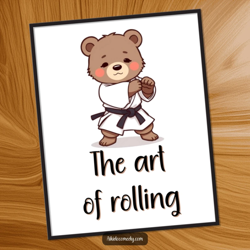Funny digital art print of a determined bear cub in martial arts uniform practicing a gentle Aikido roll, ready for framing.