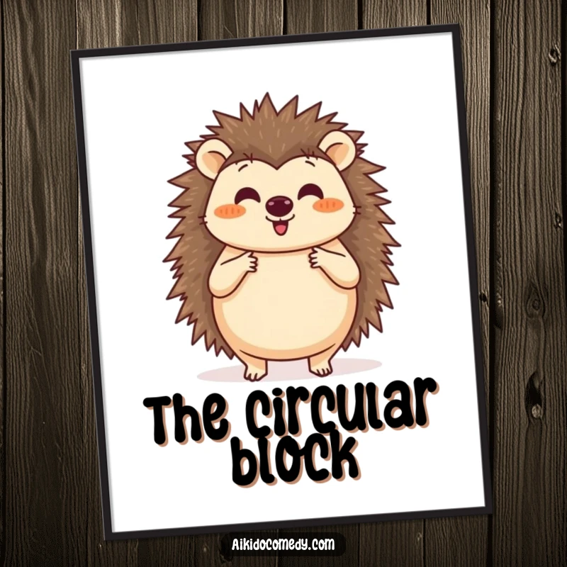 Funny digital art print of a happy hedgehog practicing a circular blocking motion with its paws, ready for framing.