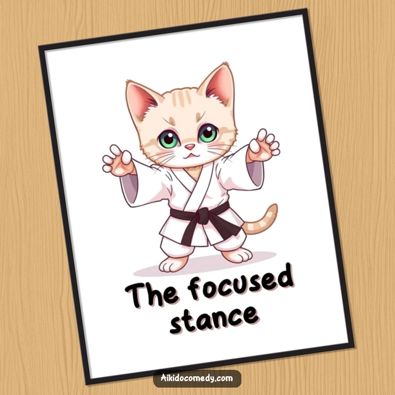 Funny digital art print of a playful kitten mimicking a graceful Aikido stance with sharp, focused eyes, ready to frame.
