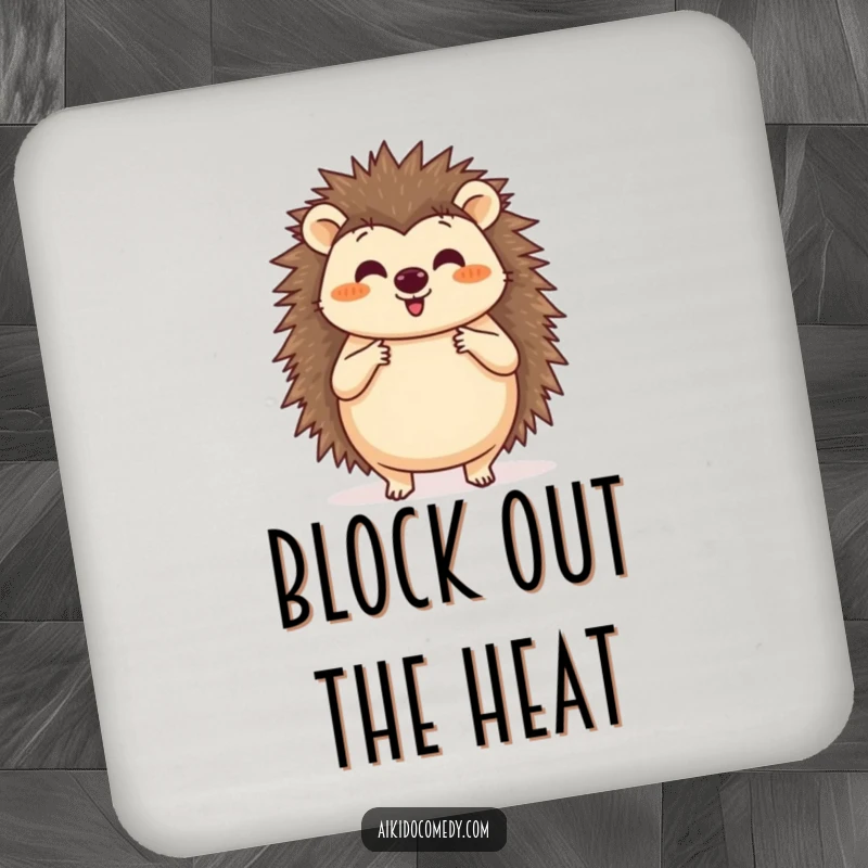 Funny drink coaster with a happy hedgehog practicing a circular blocking motion with its paws, protecting tabletops.