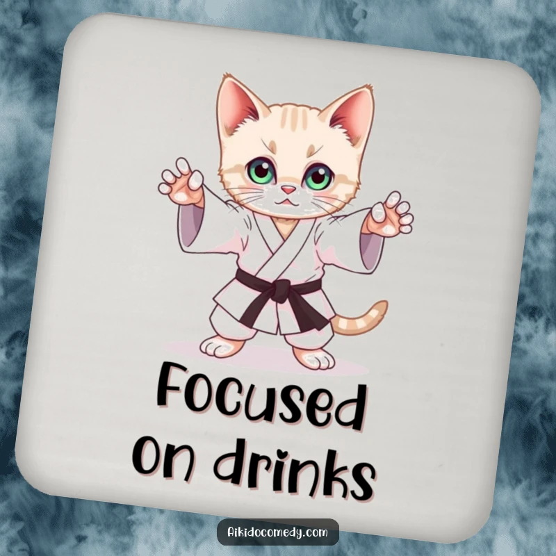 Funny drink coaster with a playful kitten mimicking a graceful Aikido stance with focused eyes, protecting tabletops.