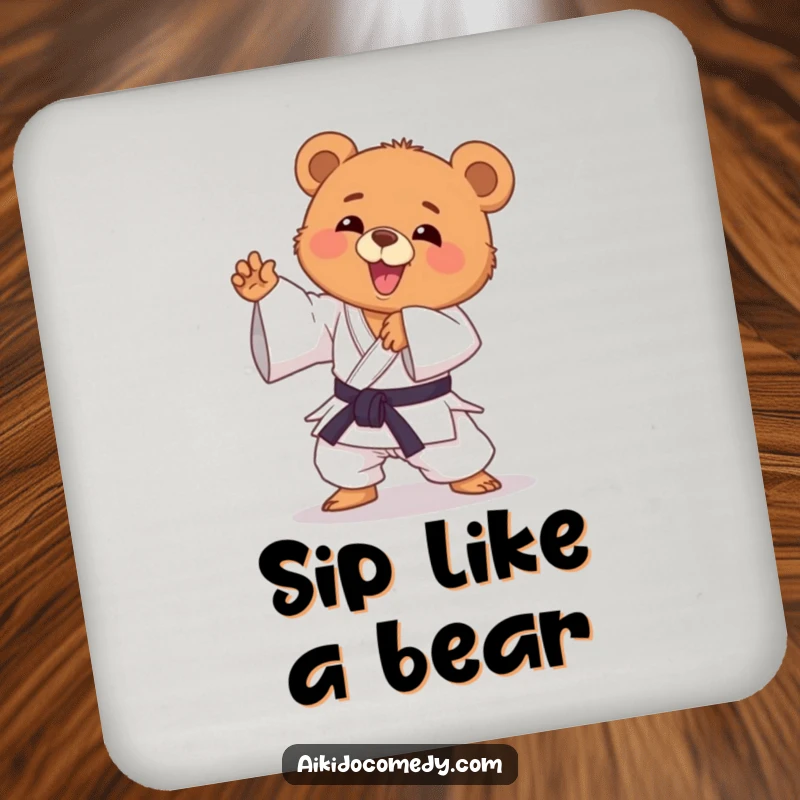Funny bear cub in gi striking an Aikido pose on a drink coaster. A humorous accessory, funny gift.