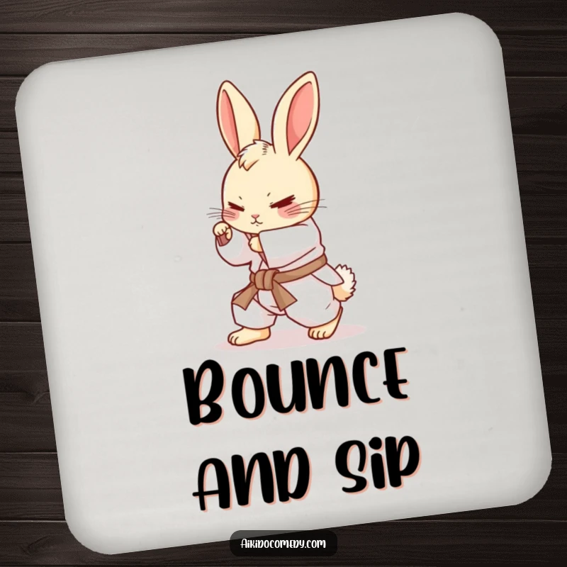 Funny bunny in gi rolling on a drink coaster. A cute accessory, a funny gift.