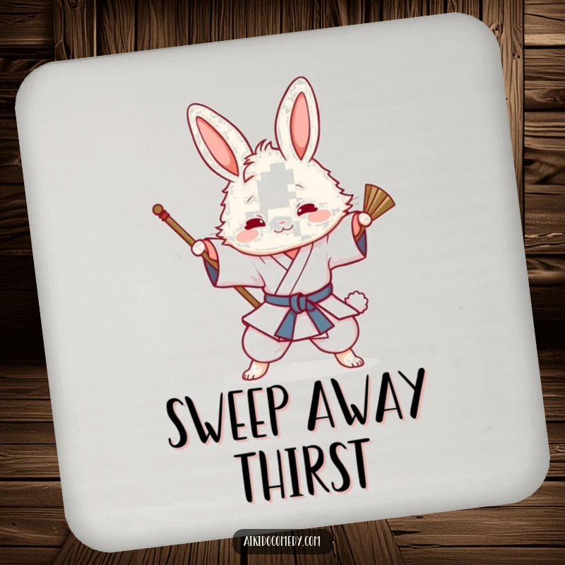 Funny drink coaster with a fluffy bunny in a gi playfully attempting an Aikido sweeping technique, protecting furniture.
