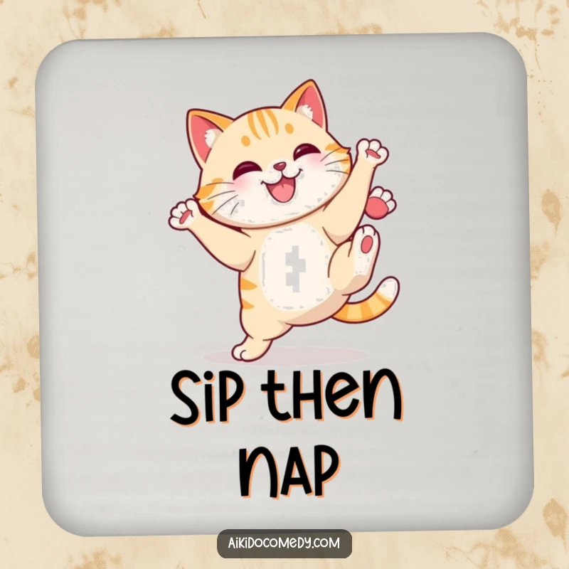 Funny cat doing a high kick on a drink coaster. A sassy accessory, a funny gift.