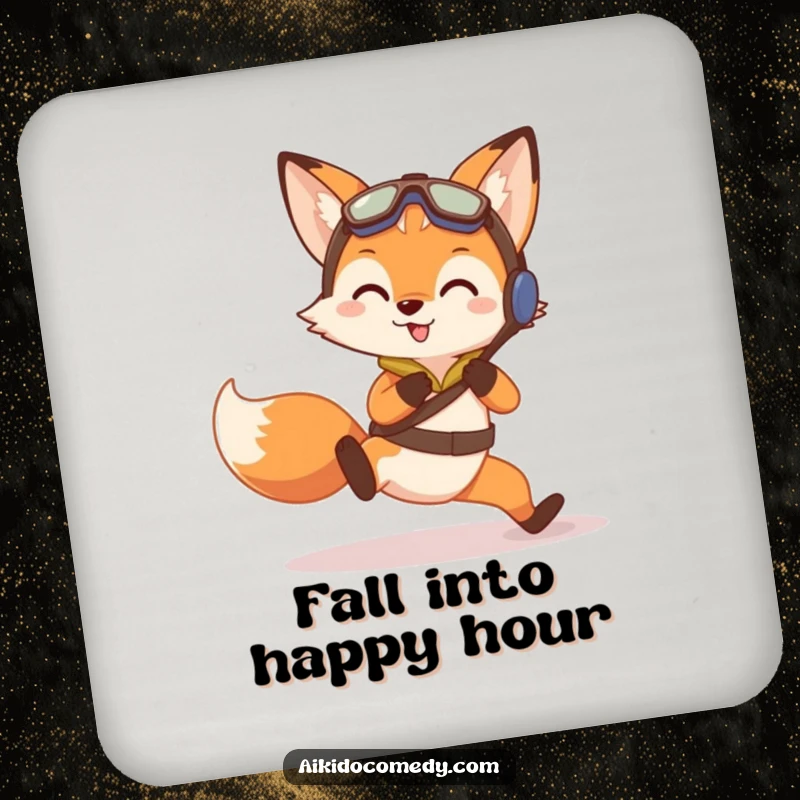Funny drink coaster with a curious fox in training gear doing a gentle practice fall, protecting tabletops.