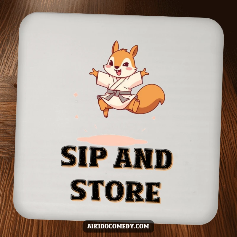 Funny squirrel in gi leaping on a drink coaster. A cute accessory, a funny gift.