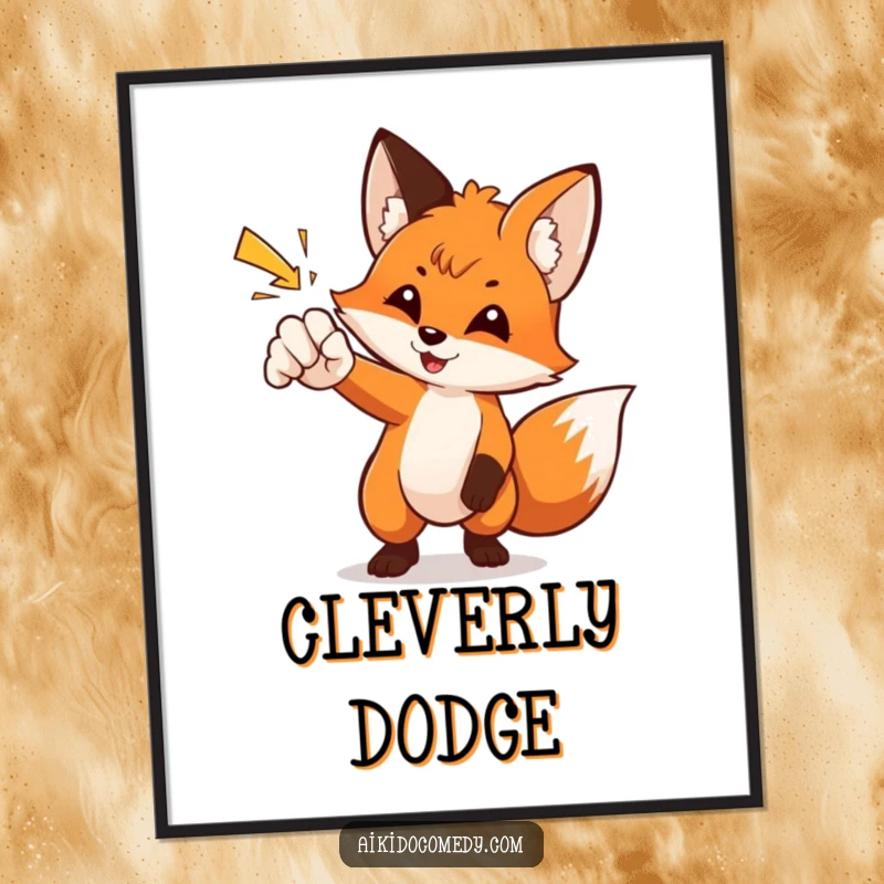 Funny fox expertly deflecting a flying punch on a poster. Clever wall art as a funny gift.