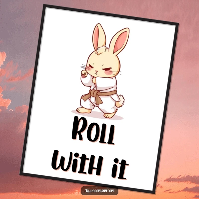 Funny determined bunny in white gi rolling on a poster. High-quality art, a funny gift.