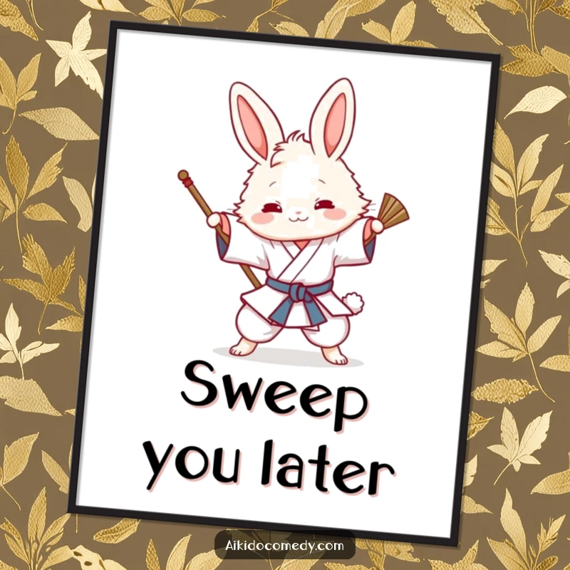 Funny poster featuring a fluffy bunny in a gi playfully attempting an Aikido sweeping technique with dynamic motion and a cheerful vibe.