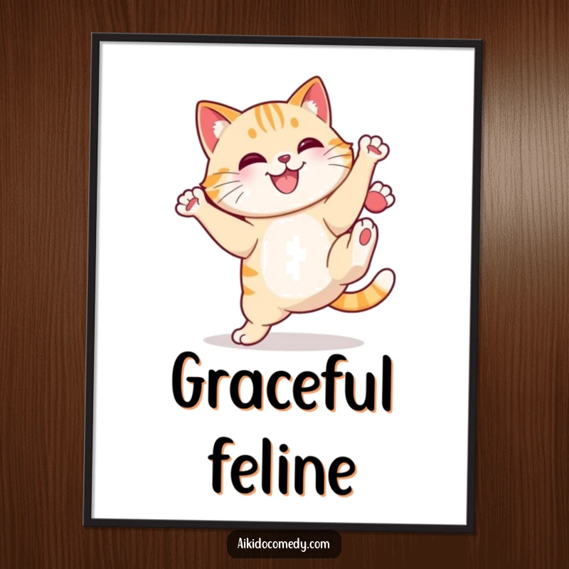 Funny cat doing a high kick with a determined smile on a poster. Dynamic wall art, funny gift.