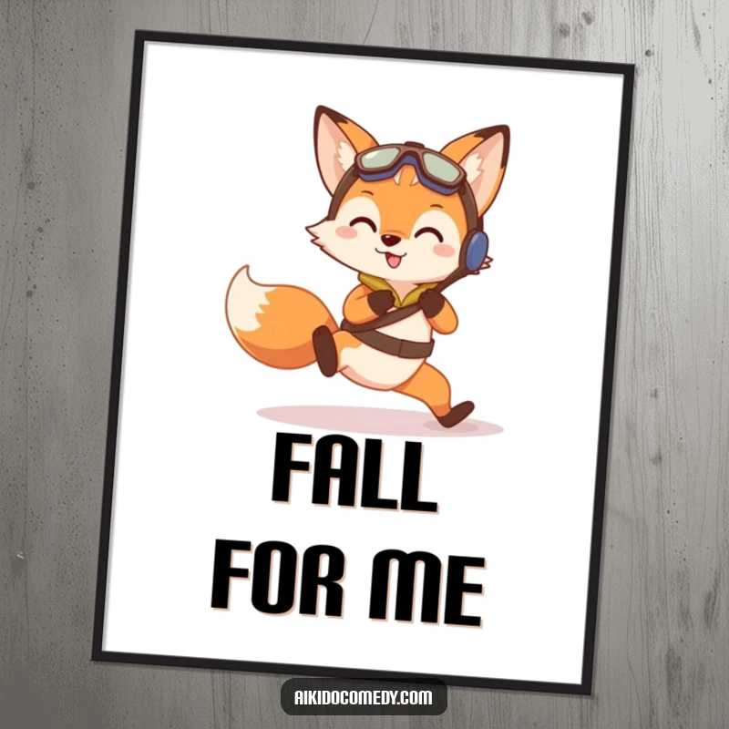 Funny poster featuring a curious fox in training gear doing a gentle practice fall with focused intensity and a touch of humor.