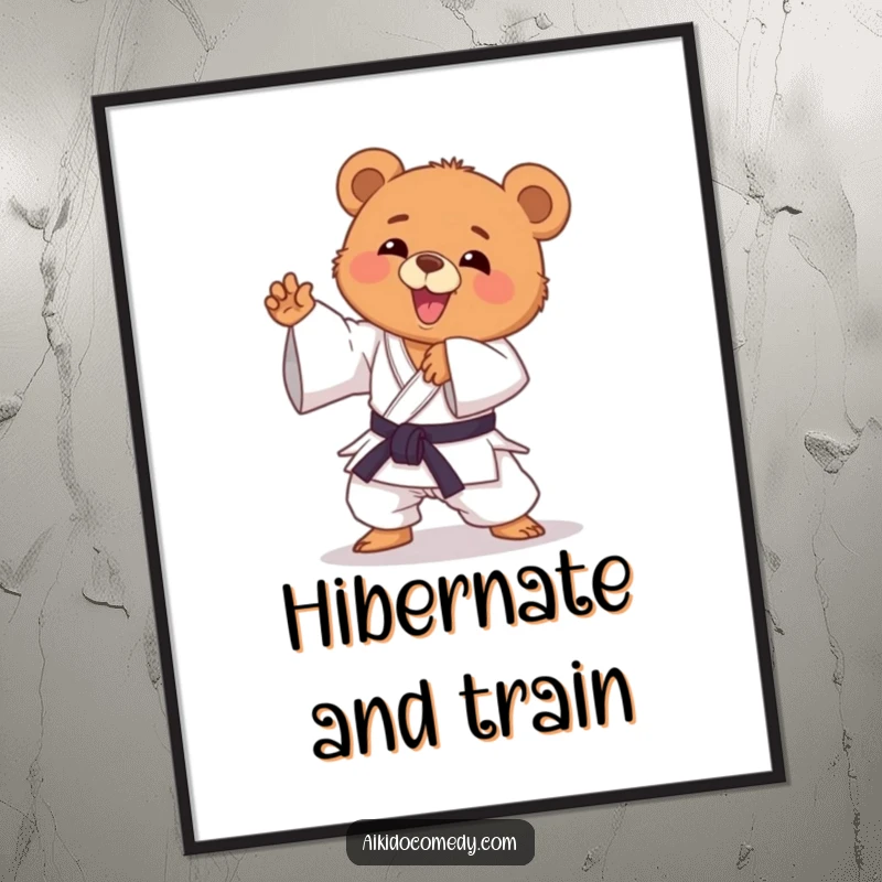 Funny bear cub in gi striking a dynamic Aikido pose. High-quality wall art, suitable as a funny gift.