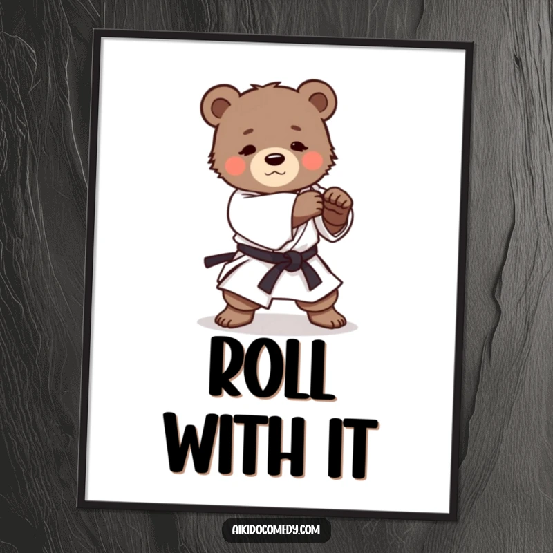 Funny poster showing a small, determined bear cub in a martial arts uniform executing a gentle Aikido roll with focused intensity.