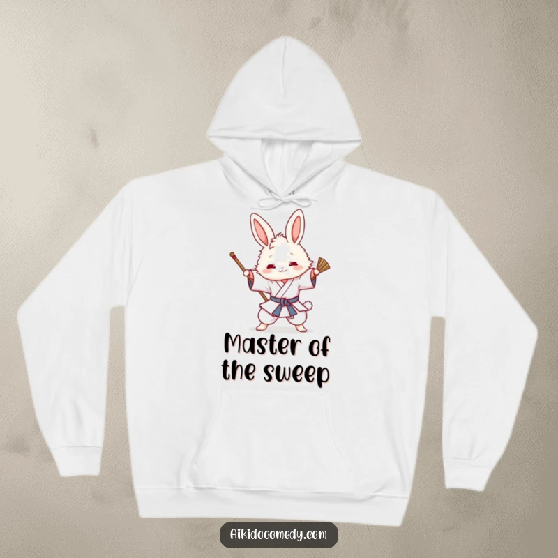 Funny hoodie showing a fluffy bunny in a gi playfully attempting an Aikido sweeping technique, radiating warmth and fun.