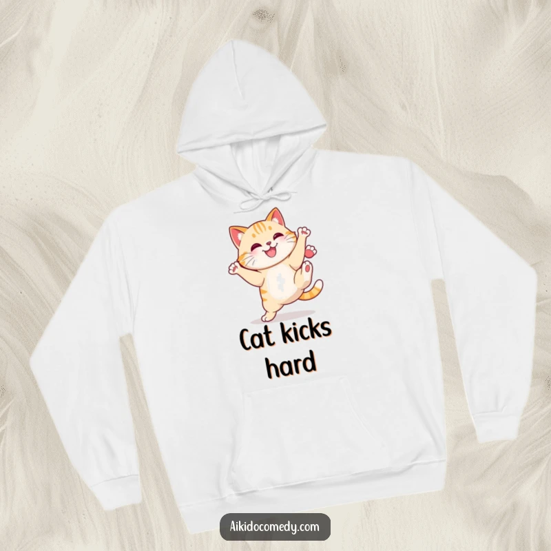 Funny cat performing a high kick on a hoodie. Warm, stylish, and a funny gift.