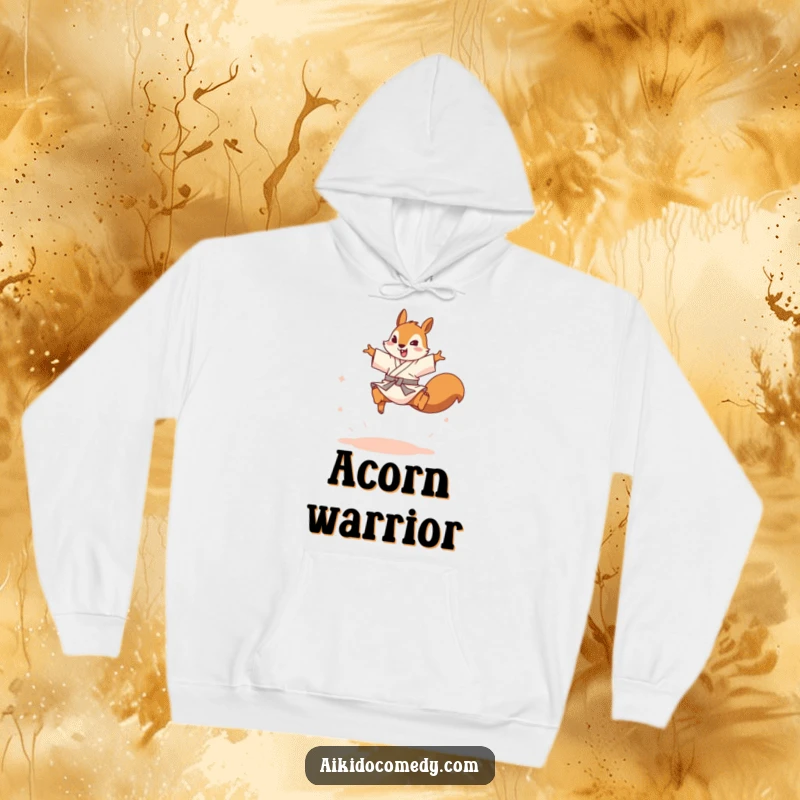 Funny squirrel in gi leaping on a hoodie. Cozy, warm, and a funny gift.