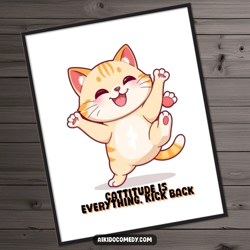 Funny Free Printable Wall Art featuring a cheerful cat with a determined smile, executing an impressive high kick.