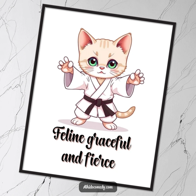 Funny Free Printable Wall Art of a playful kitten mimicking a graceful Aikido stance with incredibly focused, determined eyes.