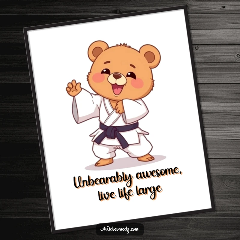 Funny Free Printable Wall Art featuring a happy bear cub in a gi, striking a dynamic and playful Aikido pose, ready for action.