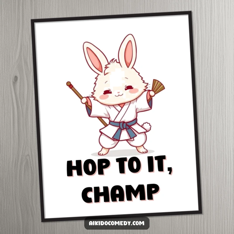 Funny Free Printable Wall Art of a fluffy bunny in a gi playfully attempting an Aikido sweeping technique with energetic paws.