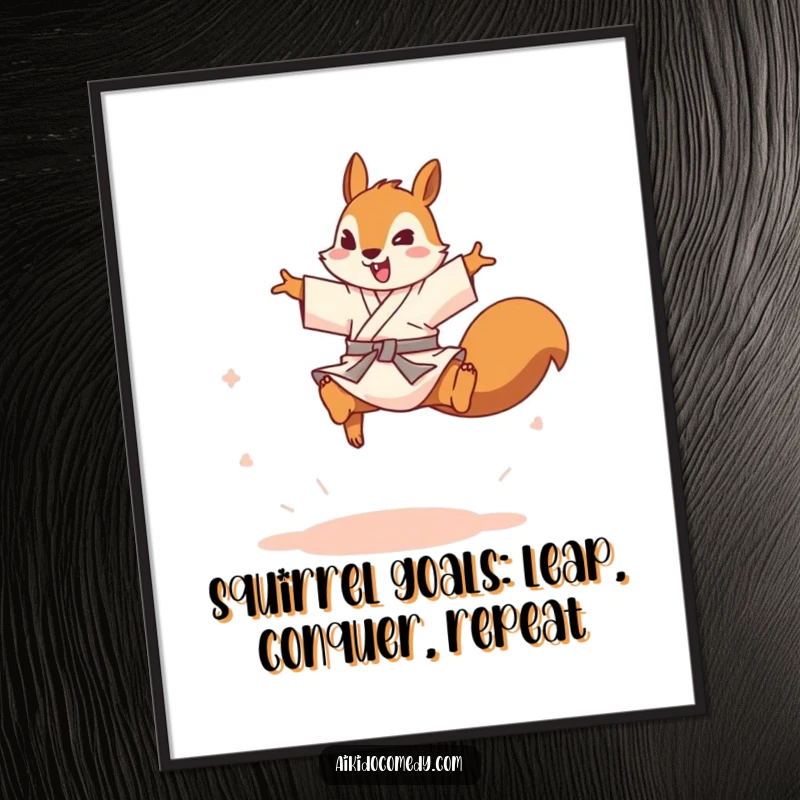 Funny Free Printable Wall Art featuring a playful squirrel in a gi, leaping dynamically over an imaginary opponent.