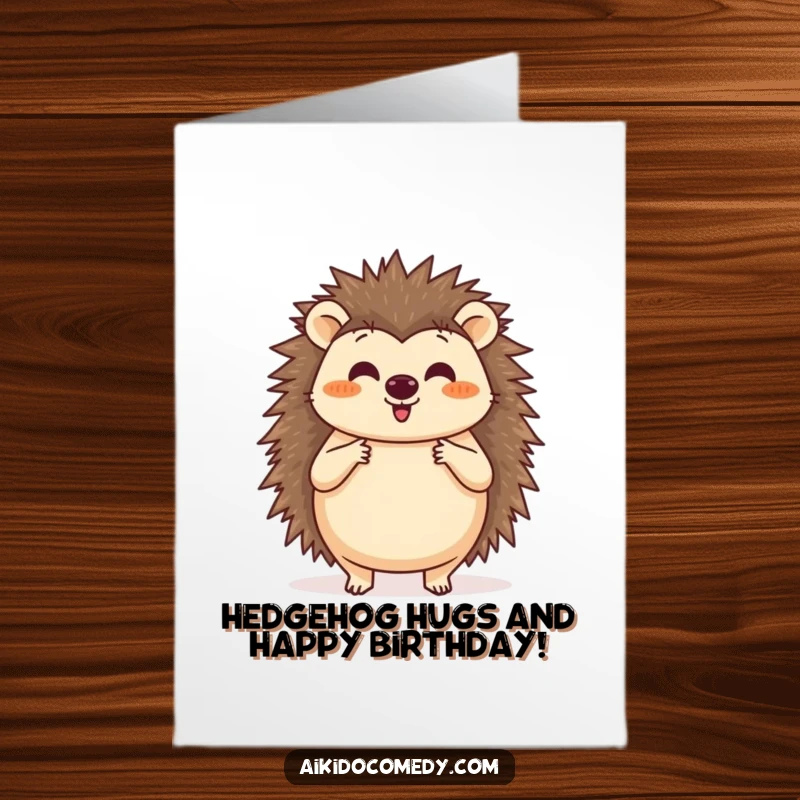 Funny Free Printable Birthday Card featuring a happy hedgehog practicing a circular Aikido blocking motion with its tiny paws.