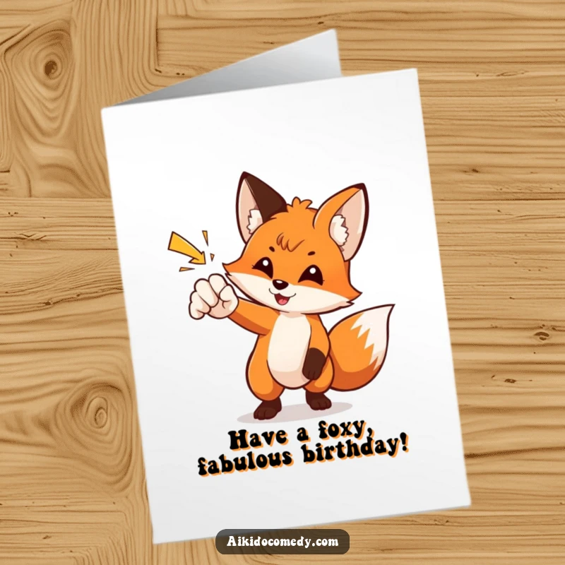 Funny Free Printable Birthday Card showing a curious fox with quick reflexes, gracefully deflecting a flying punch with its paw.