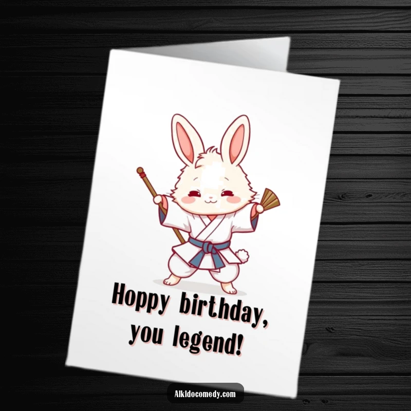 Funny Free Printable Birthday Card featuring a fluffy bunny in a gi playfully attempting an Aikido sweeping technique with a mischievous grin.