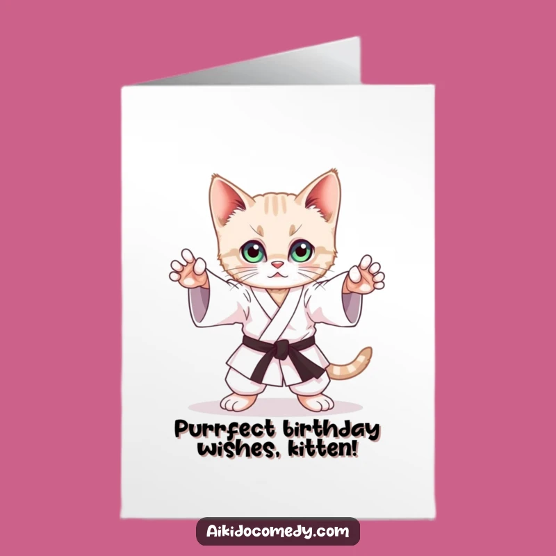 Free Printable Birthday Card: Funny Kitten Aikido Stance, Cute Downloadable Gift