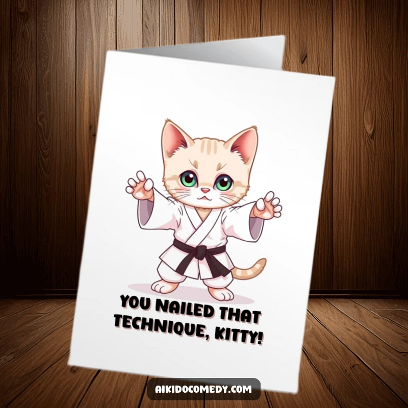 Funny Free Printable Congrats Card showing a playful kitten mastering a graceful Aikido stance with determined, focused eyes.