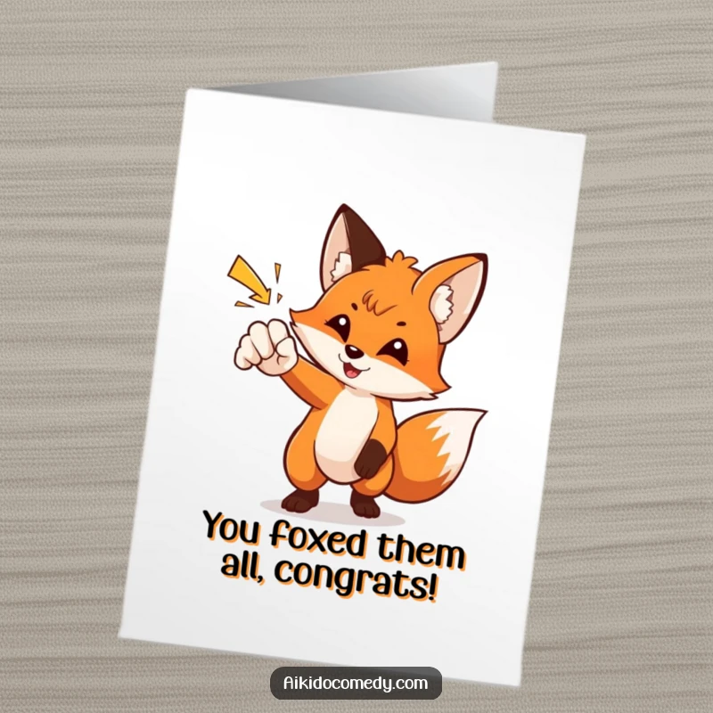 Funny Free Printable Congratulations Card featuring a curious fox gracefully deflecting a flying punch with its paw, looking quite smug.