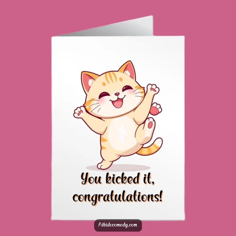 Free Printable Congrats Card: Victorious Cat Kick, Humorous Downloadable Gift