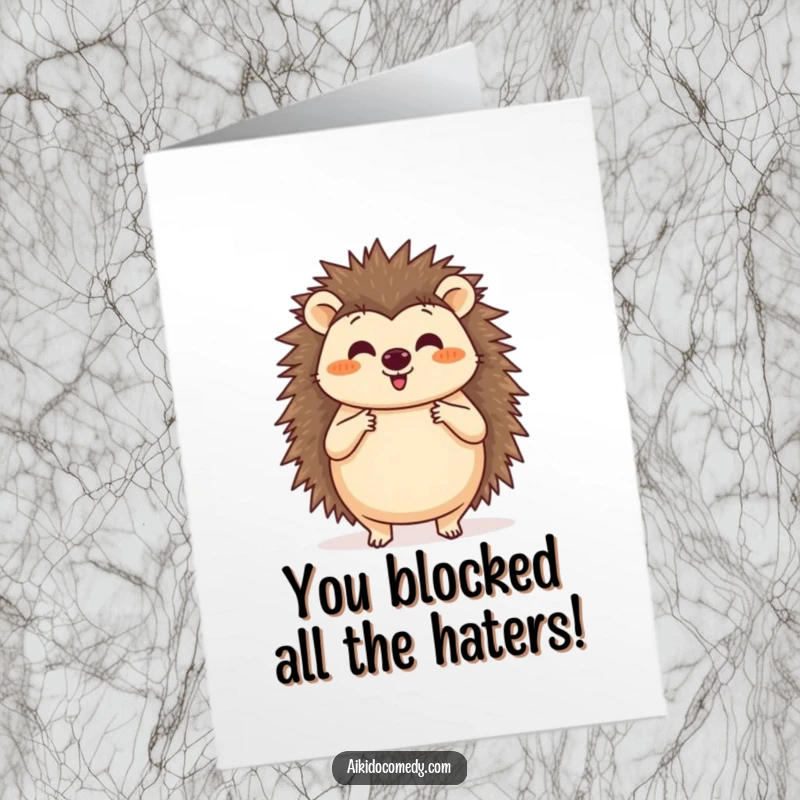 Funny Free Printable Congrats Card of a happy hedgehog practicing a circular Aikido blocking motion with determined paws, celebrating.